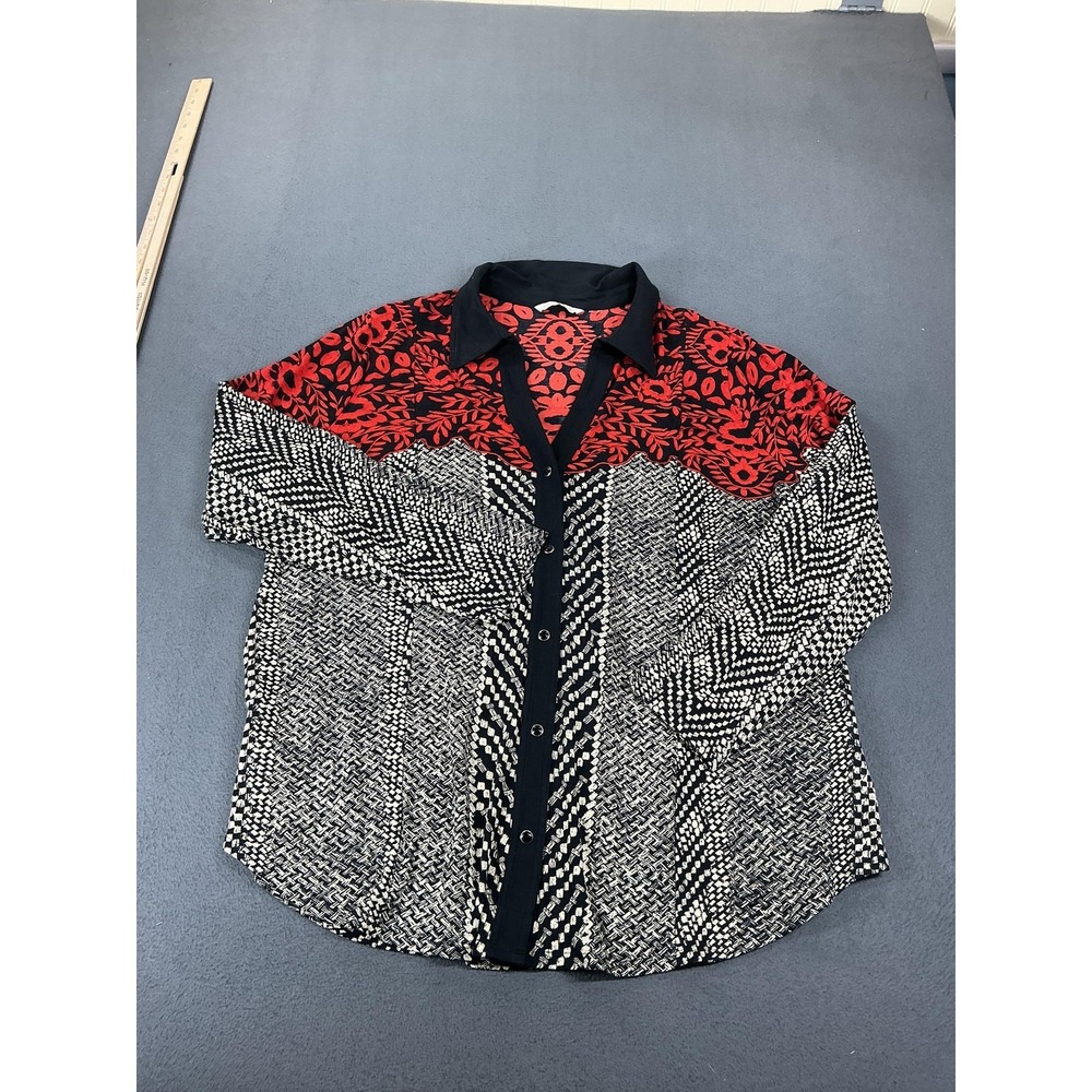 Soft Surroundings Tunic Womens L Black Geometric Button-Up Stretch Jersey